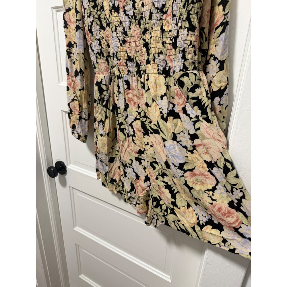 American Eagle Vintage Floral Smocked Romper Long Sleeve Pockets Black Large - Picture 7 of 11
